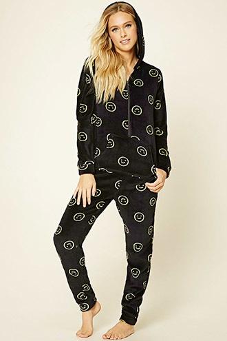 Forever21 Women's  Black & Yellow Happy Face Plush Pj Jumpsuit