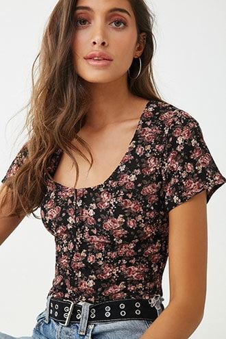 Forever21 Crinkled Floral Hook-and-eye Crop Top