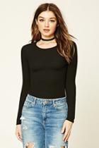 Forever21 Women's  Black Ribbed Long-sleeve Top