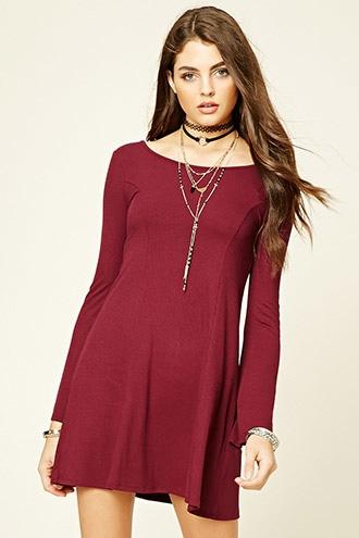 Forever21 Women's  Wine Bell-sleeve Skater Dress