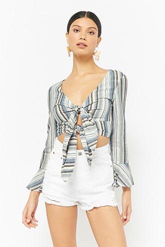Forever21 Striped Tie-front Bell-sleeve Crop Top