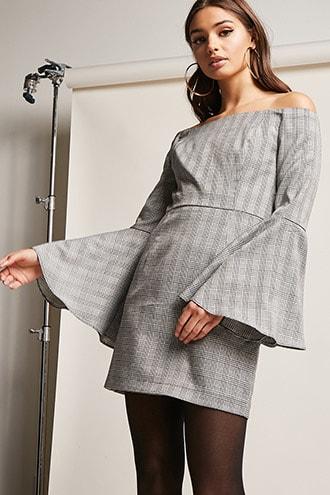 Forever21 Plaid Open-shoulder Sheath Dress