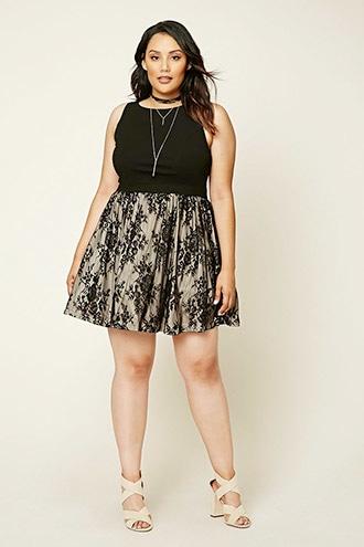 Forever21 Plus Women's  Black & Nude Plus Size Floral Lace Dress