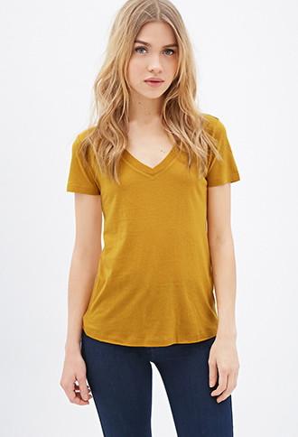Forever21 Women's  Mustard Classic V-neck Tee