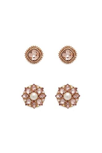 Forever21 Gold & Pink Faux Gem Flower Stud Set