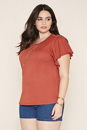 Forever21 Plus Women's  Rust Plus Size Flutter-sleeve Tee