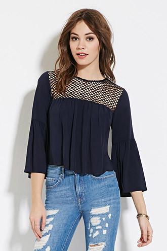 Forever21 Women's Navy Crochet-paneled Peasant Top