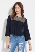 Forever21 Women's  Navy Crochet-paneled Peasant Top