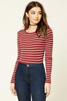 Forever21 Women's  Rust & Cream Stripe Knit Long Sleeve Top