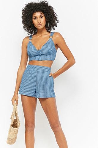 Forever21 Pinstriped Chambray Crop Top & Shorts Set