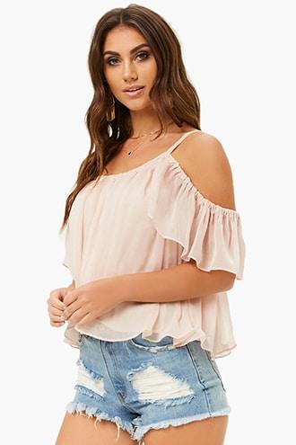 Forever21 Open-shoulder Crinkle Chiffon Top