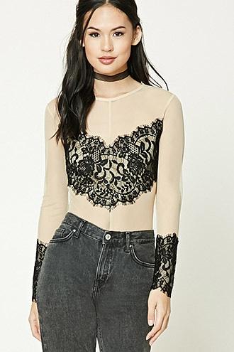 Forever21 Women's  Nude & Black Sheer Eyelash Lace Bodysuit