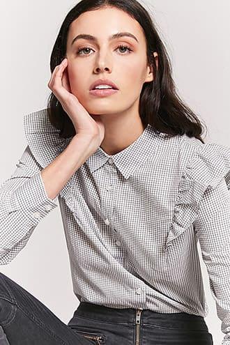 Forever21 Grid Print Ruffle Shirt