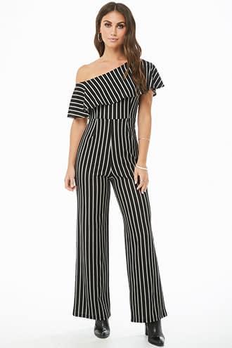 Forever21 Striped One-shoulder Flounce Jumpsuit