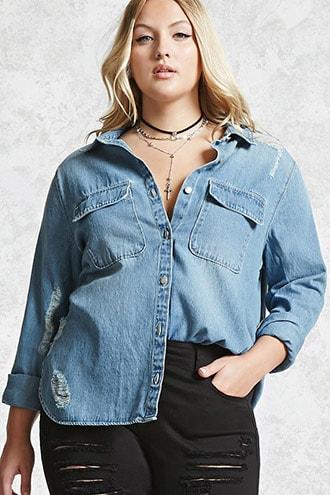 Forever21 Plus Size Distressed Denim Shirt
