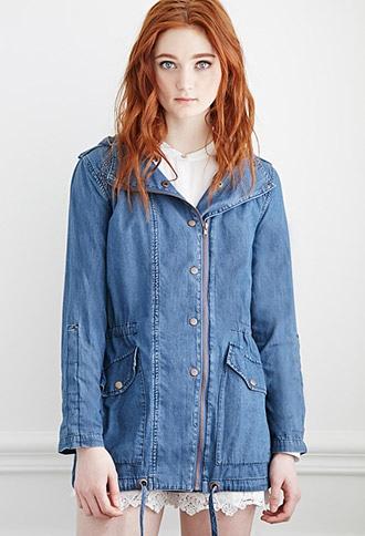 Forever21 Women's  Dark Denim Hooded Chambray Parka Jacket