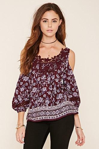Forever21 Women's  Wine & Peach Floral Print Open-shoulder Top