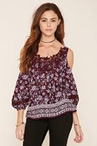 Forever21 Women's  Wine & Peach Floral Print Open-shoulder Top
