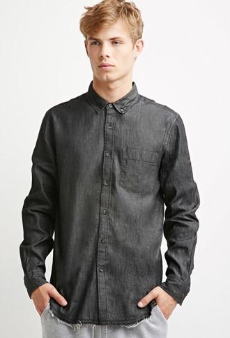 21 Men Frayed Hem Chambray Shirt