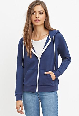 Forever21 Women's Zip-up Drawstring Hoodie (navy)