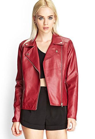 Forever21 Faux Leather Moto Jacket Red Small
