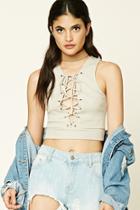 Forever21 Women's  Taupe Lace-up Ribbed Knit Crop Top