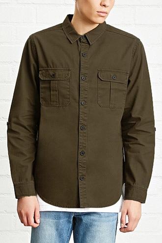 21 Men Men's  Olive Button-front Cotton Jacket
