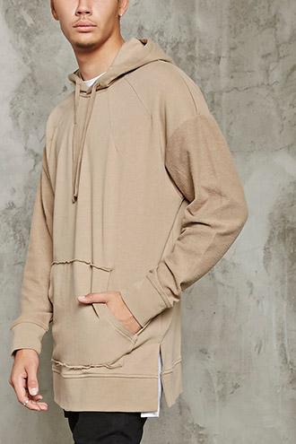 21 Men Men's  Khaki Terry-sleeve Raw Hoodie