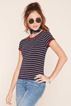 Forever21 Women's  Navy & Red Striped Knit Tee