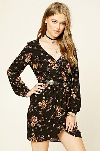 Forever21 Women's Black & Mauve Floral Print Surplice Dress