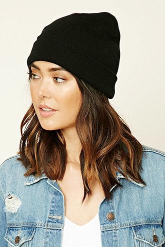 Forever21 Women's  Black Fold-over Knit Beanie