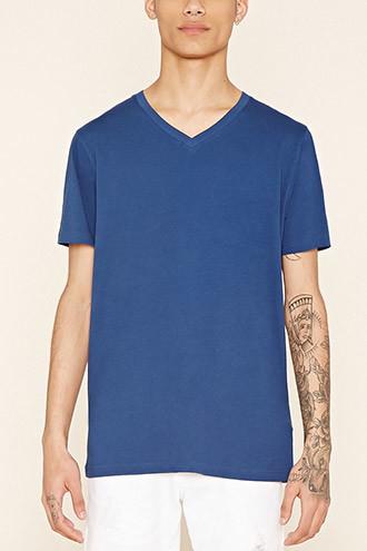 21 Men Men's  Navy Cotton V-neck Tee