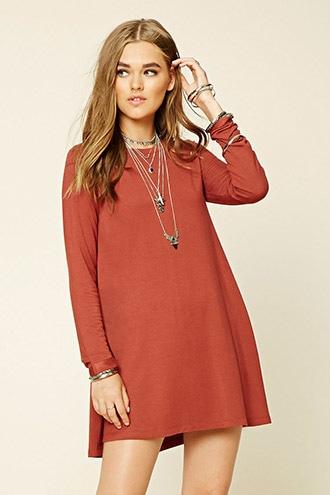 Forever21 Women's  Rust Folded-cuff Swing Dress