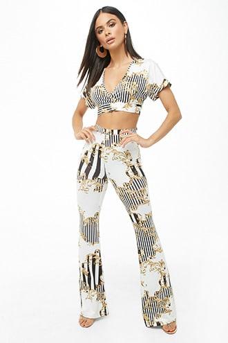 Forever21 Brocade Print Striped Crop Top & Pants Set