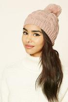 Forever21 Women's  Pink Cable-knit Pom-pom Beanie