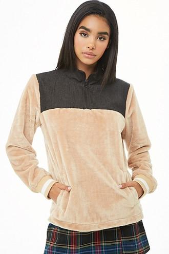 Forever21 Faux Fur & Denim Half-zip Pullover