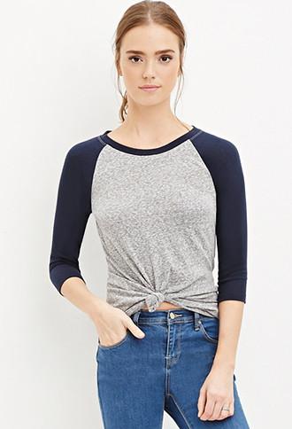 Forever21 Women's  Burnout Knit Baseball Tee (grey/navy)