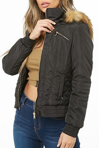 Forever21 Quilted Faux Fur Trim Padded Jacket