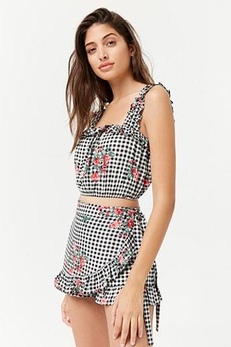 Forever21 Ruffle Floral & Gingham Print Crop Top