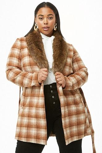 Forever21 Plus Size Faux Fur-collar Plaid Wrap Coat