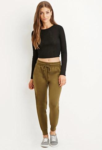Forever21 Women's  Olive Drawstring Cotton-blend Sweatpants