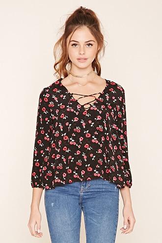Forever21 Women's Black & Red Floral Print Lace-up Top