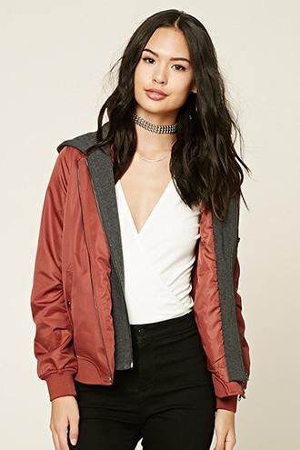 Forever21 Women's Rose Hooded Bomber Jacket