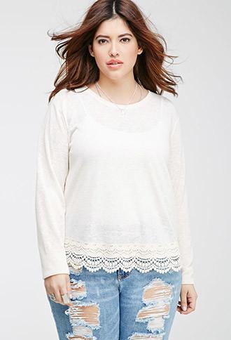 Forever21 Plus Women's  Crochet-trimmed Slub Knit Top (vanilla)