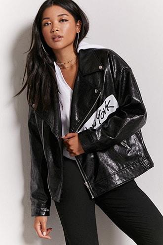 Forever21 Graphic Faux Leather Moto Jacket