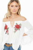 Forever21 Off-the-shoulder Floral-embroidered Top