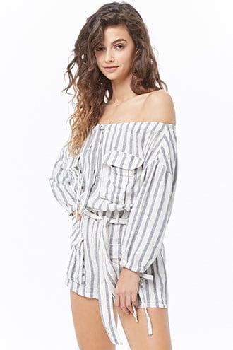 Forever21 Striped Linen-blend Pocket Romper