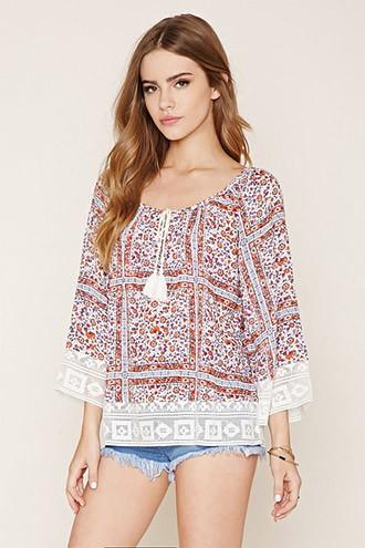 Forever21 Women's  Floral Crochet Crepe Top