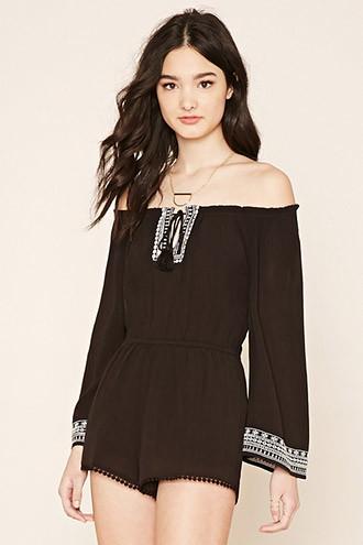 Forever21 Women's  Black & Cream Embroidered Gauze Romper