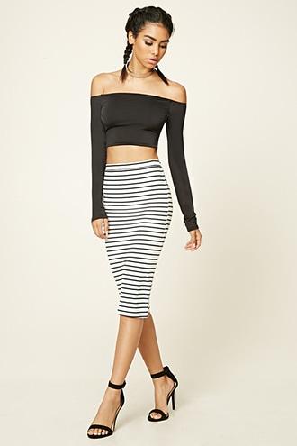 Forever21 Women's  Ivory & Black Striped Midi Skirt